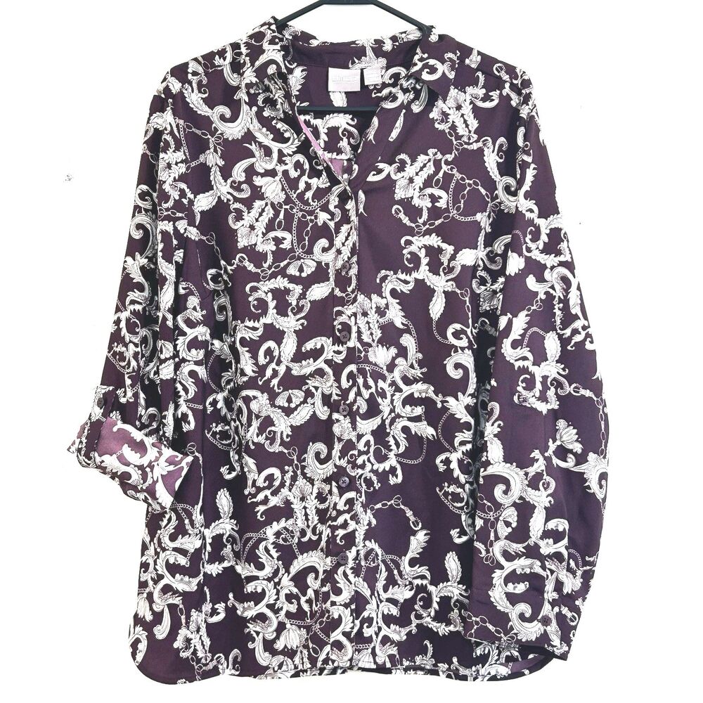 Chico's Women Button Down Shirt Size L Top Purple White Chain Belt Print